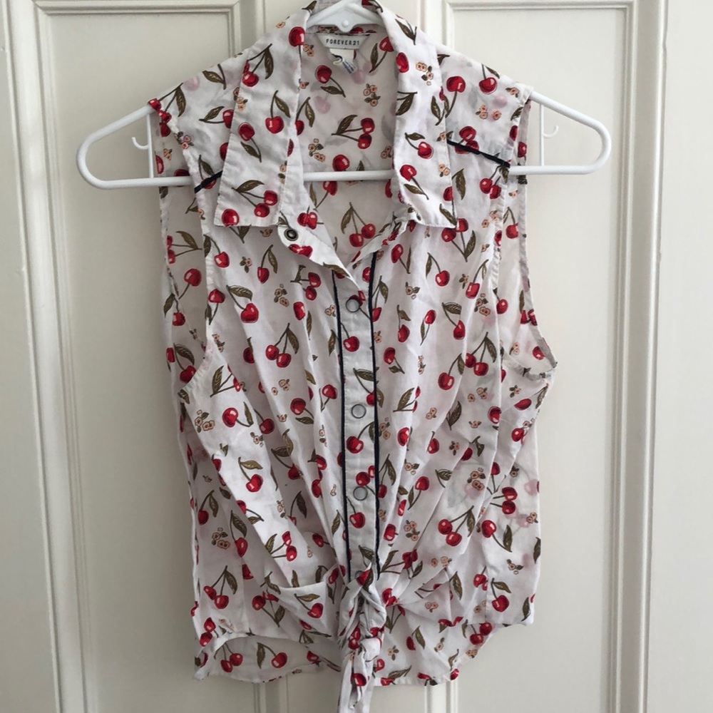 Cherry sleeveless button down with tie